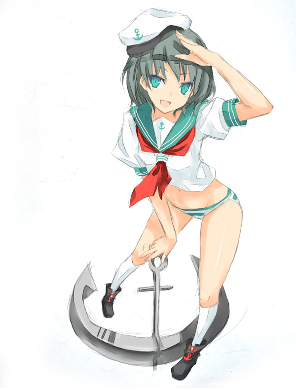 nabeshima tetsuhiro, murasa minamitsu, touhou, graphite (medium), mixed media, traditional media, 1girl, anchor, aqua eyes, black hair, bottomless, female focus, grey hair, hat, kneehighs, looking at viewer, no pants, panties, sailor, sailor collar, sailor hat, salute, short hair, socks, solo, striped clothes, striped panties, underwear, white socks