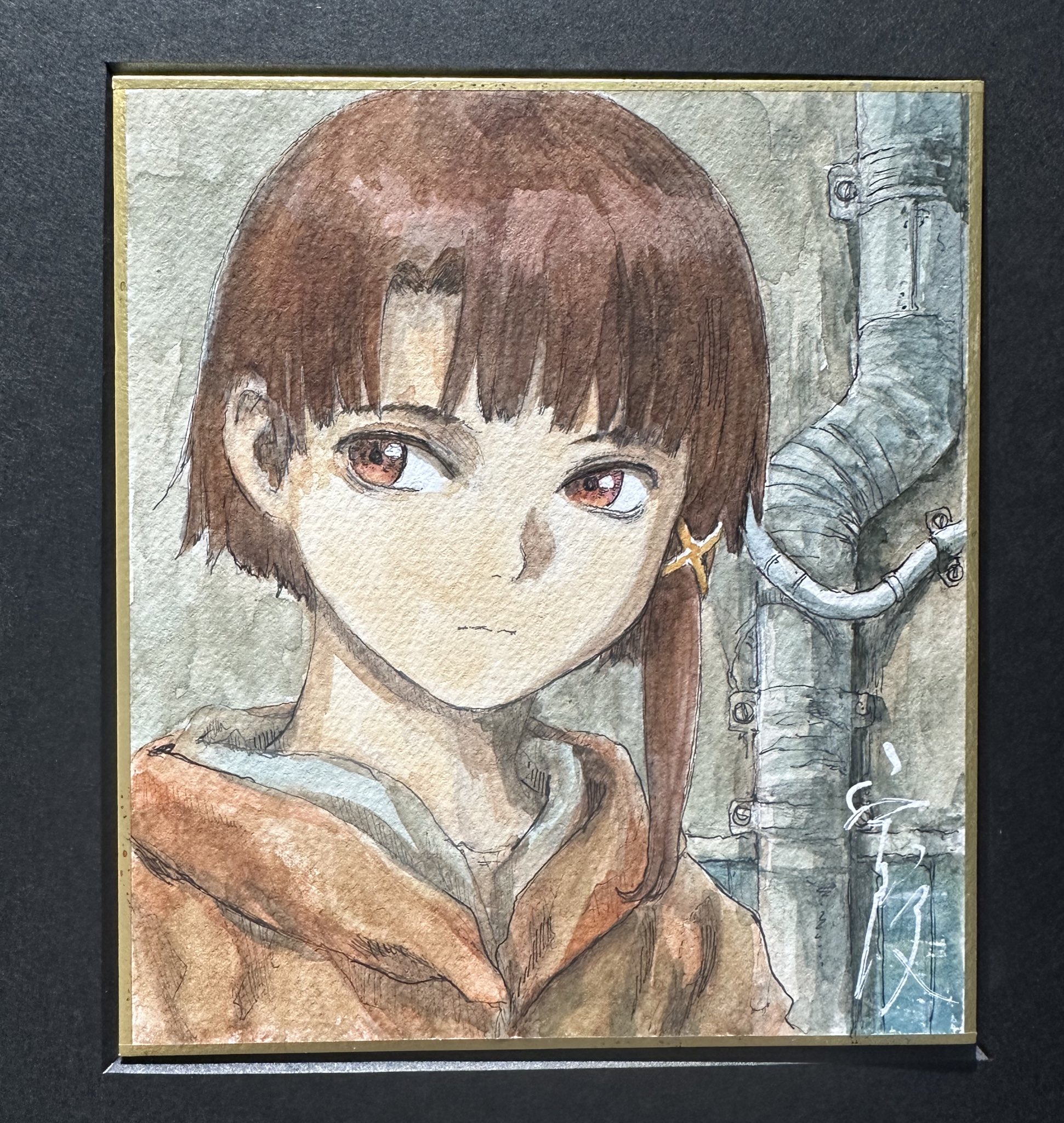 abe yoshitoshi, iwakura lain, serial experiments lain, commentary request, highres, painting (medium), traditional media, watercolor (medium), 1girl, brown hair, expressionless, jacket, looking to the side, red eyes, shikishi, short hair, solo, upper body