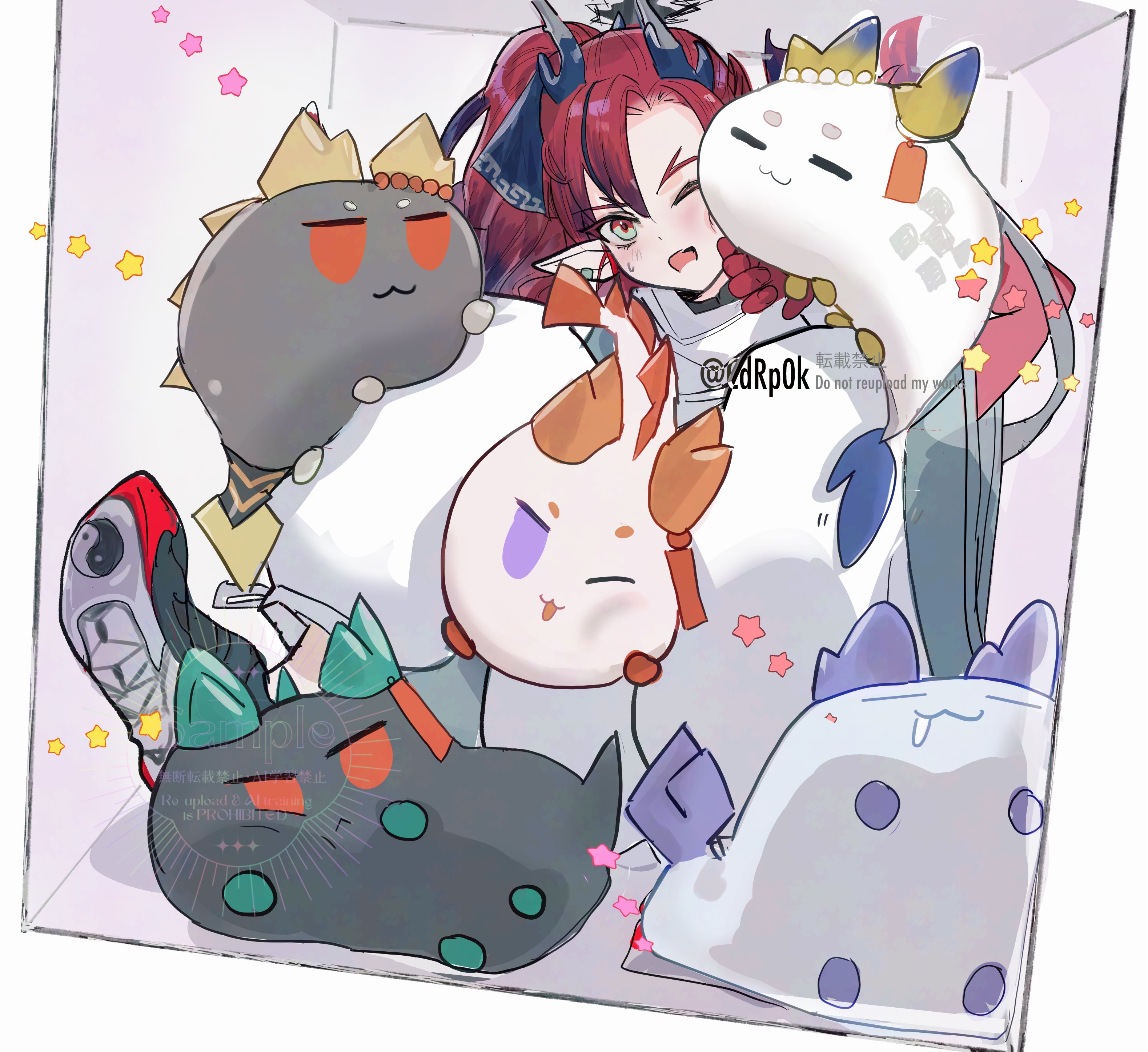 cdrp0k, chongyue (arknights), dusk (arknights), ling (arknights), nian (arknights), shu (arknights), yu (arknights), arknights, absurdres, commentary, highres, 1boy, :3, animal, animal on shoulder, black shoes, box, cramped, dragon bubble (arknights), dragon horns, drooling, green eyes, happy, horns, in box, in container, multicolored eyes, one eye closed, orb, pants, pointy ears, purple eyes, red eyes, red hair, shirt, shoes, simple background, squishing, star (symbol), twitter username, two-tone eyes, watermark, white background, white pants, white shirt, yin yang, yin yang orb