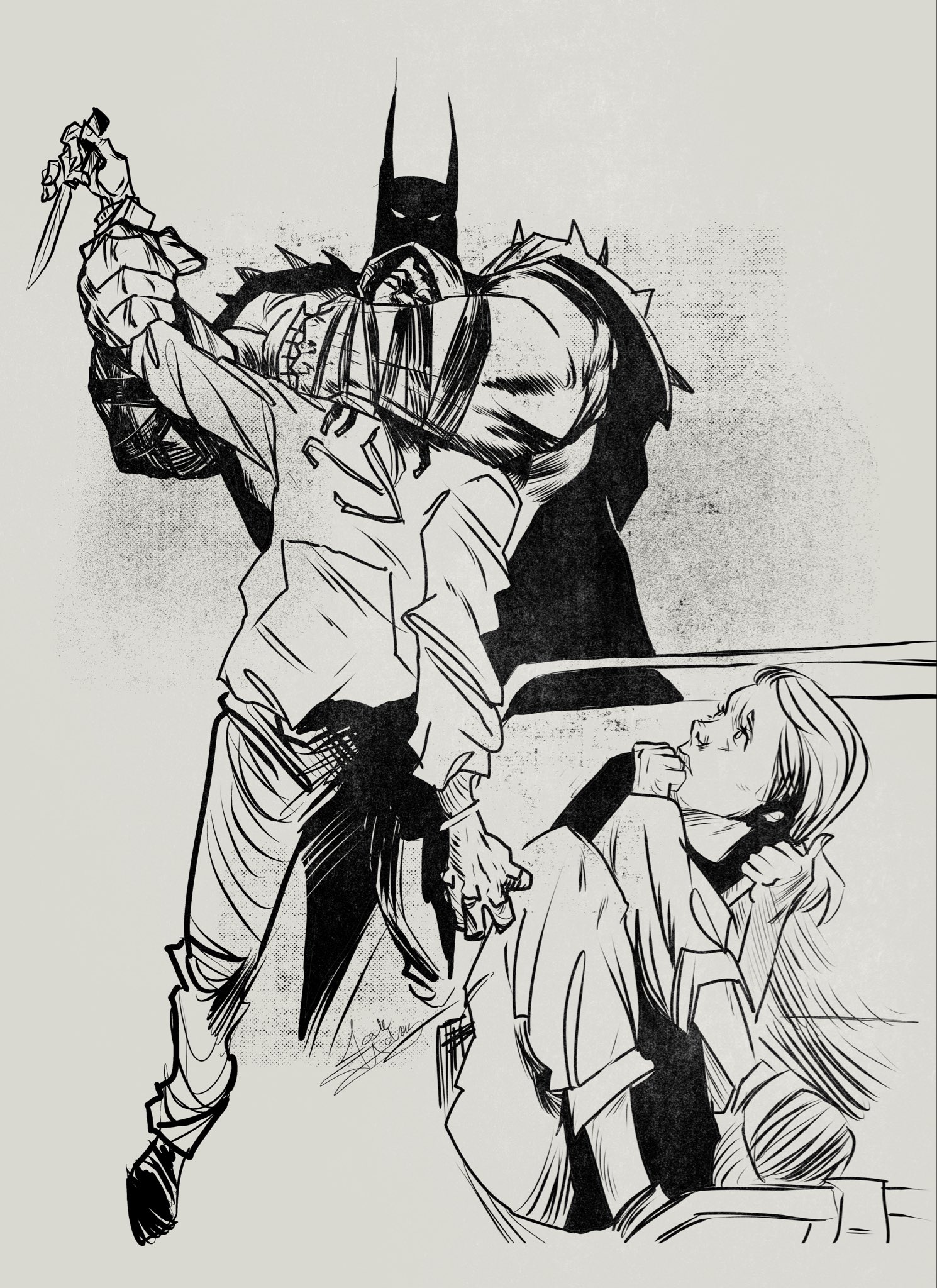batman, absolute batman, absolute dc, batman (series), dc comics, highres, 1girl, 2boys, animal ears, armor, cape, covered mouth, expressionless, fighting, full body, gloves, holding another's wrist, hood, hoodie, joshua adams83, killing of iryna zarutska, knife, legs folded, legs together, limited palette, monochrome, multiple boys, restrained, scared, short hair, shoulder armor, signature, simple background, sitting, strangling, surprised, white background