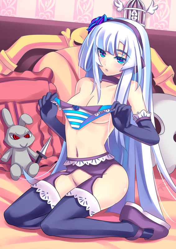 kaizeru, original, silver hair, 1girl, bed, blue eyes, blush, breasts, female focus, garter belt, knife, long hair, panties, solo, thighhighs, topless female, underwear