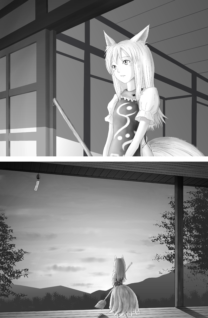 wimifu, yakumo ran, touhou, bad id, bad pixiv id, highres, aged down, alternate costume, alternate hairstyle, animal ears, broom, comic, female focus, fox ears, fox tail, greyscale, long hair, monochrome, multiple tails, no headwear, short sleeves, silent comic, tail, wind chime
