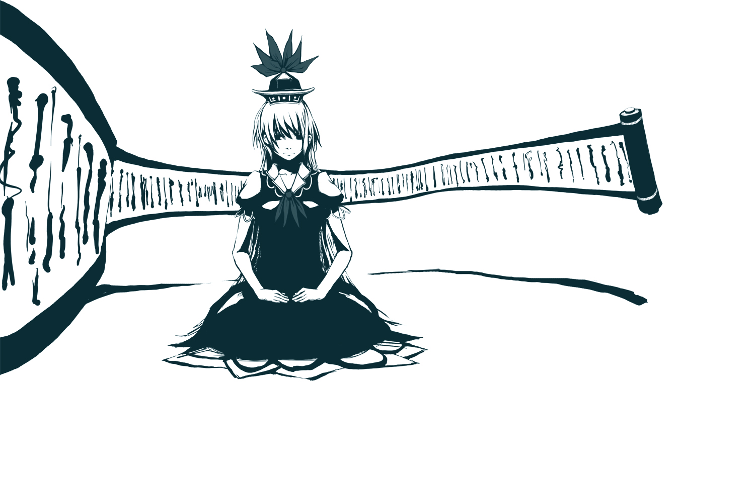 duster (artist), kamishirasawa keine, touhou, 1girl, blue theme, bow, dress, empty eyes, female focus, hair bow, hat, kneeling, long hair, monochrome, scroll, short sleeves, solo