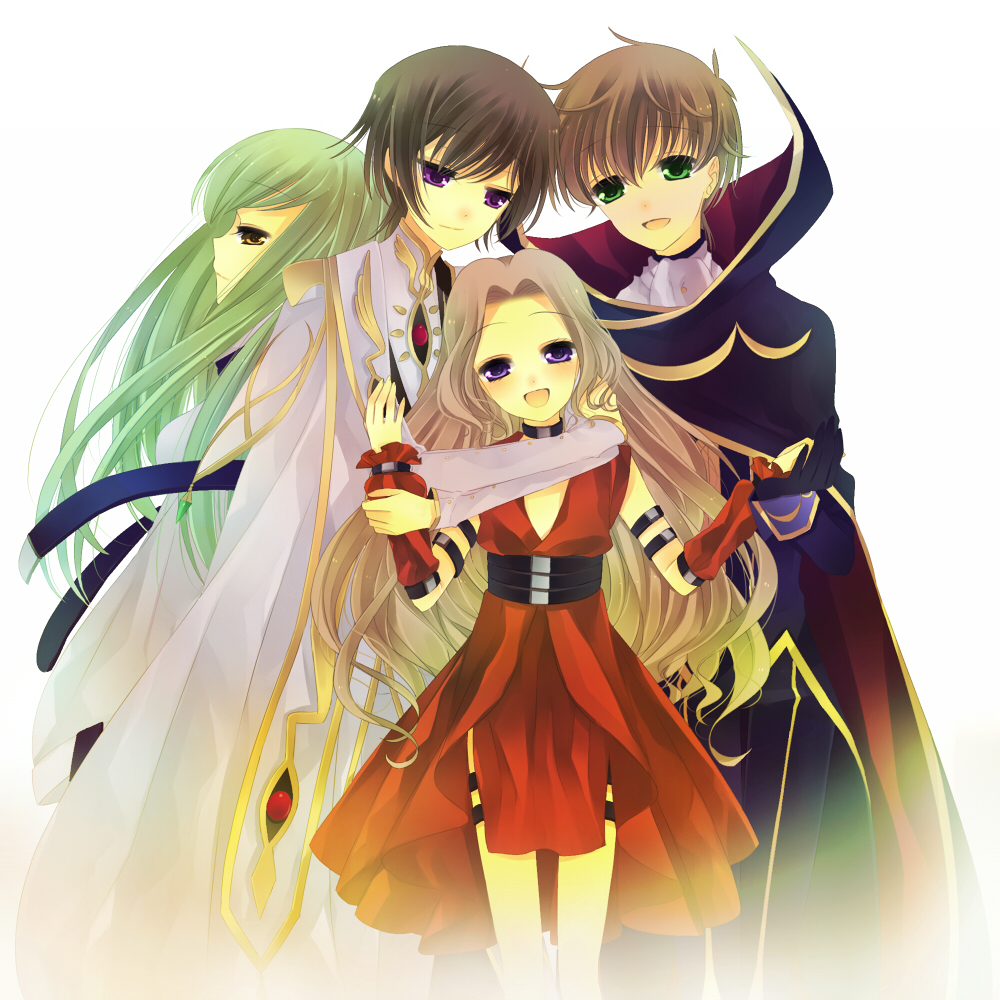 tourin fuwa, c.c., kururugi suzaku, lelouch vi britannia, nunnally vi britannia, zero (code geass), code geass, bad id, bad pixiv id, 00s, 2boys, 2girls, black hair, brown hair, green eyes, green hair, long hair, multiple boys, multiple girls, purple eyes, smile, straitjacket, yellow eyes