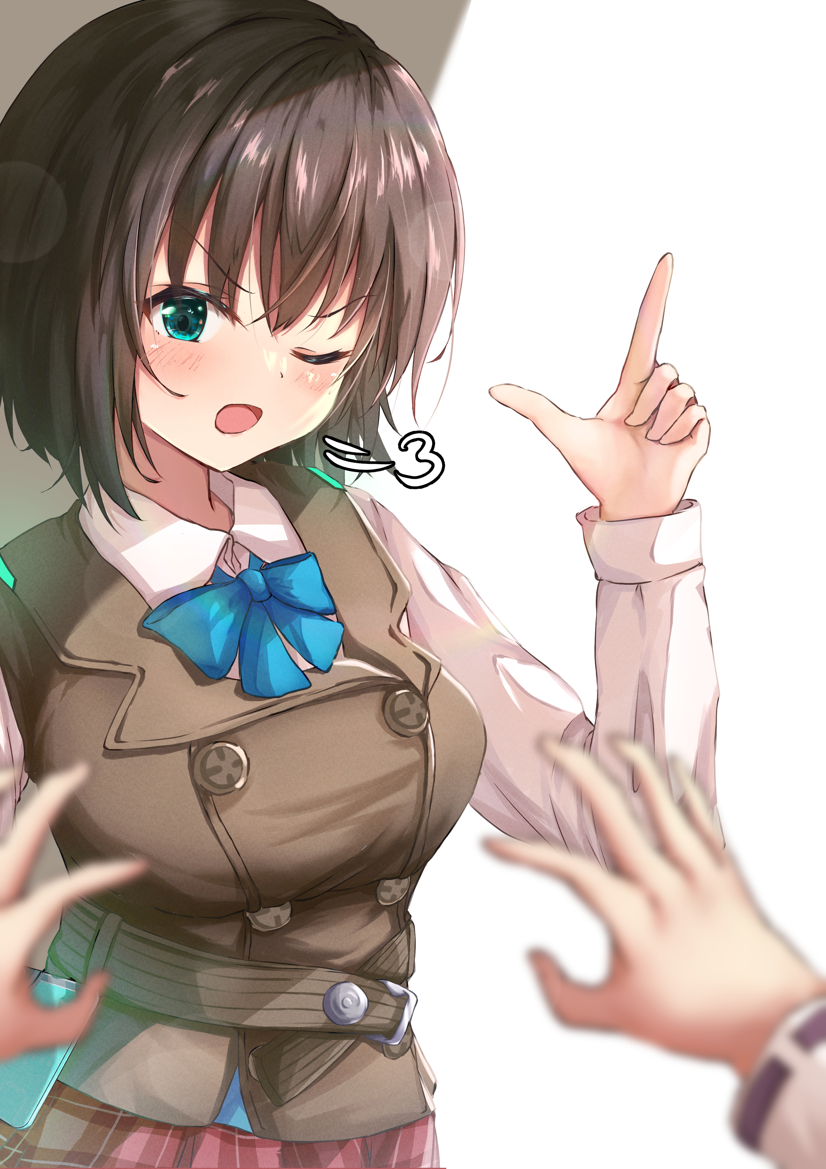 tatika714, aoi erika, kayamori ruka, heaven burns red, absurdres, commentary request, highres, 2girls, aqua eyes, black hair, blue bow, blue bowtie, blurry, blush, bow, bowtie, breasts, brown vest, buttons, cowboy shot, depth of field, double-breasted, female pov, hair between eyes, hand up, hands up, index finger raised, large breasts, looking at viewer, medium hair, multiple girls, one eye closed, open mouth, plaid clothes, plaid skirt, pov, puff of air, red skirt, shirt, simple background, skirt, solo focus, v-shaped eyebrows, vest, white background, white shirt