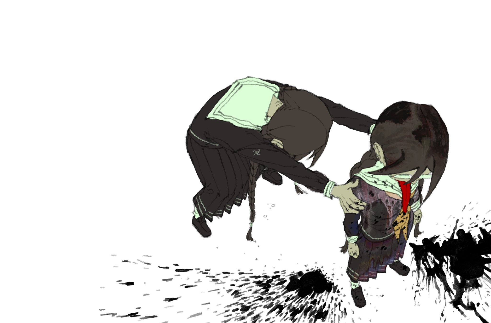 hamuseutta, fukawa toko, genocider shou, danganronpa: trigger happy havoc, danganronpa (series), highres, 2girls, black blood, black hair, black serafuku, black shirt, black shoes, blood, blood on clothes, blood splatter, braid, clenched hands, dual persona, flat color, from above, full body, glasses, hair between eyes, hands on another's shoulders, loafers, long hair, long skirt, long sleeves, long tongue, multiple girls, neckerchief, pleated skirt, pool of blood, red neckerchief, sailor collar, school uniform, serafuku, shirt, shoes, skirt, socks, tongue, tongue out, twin braids, very long hair, very long tongue, white background, white sailor collar, white socks