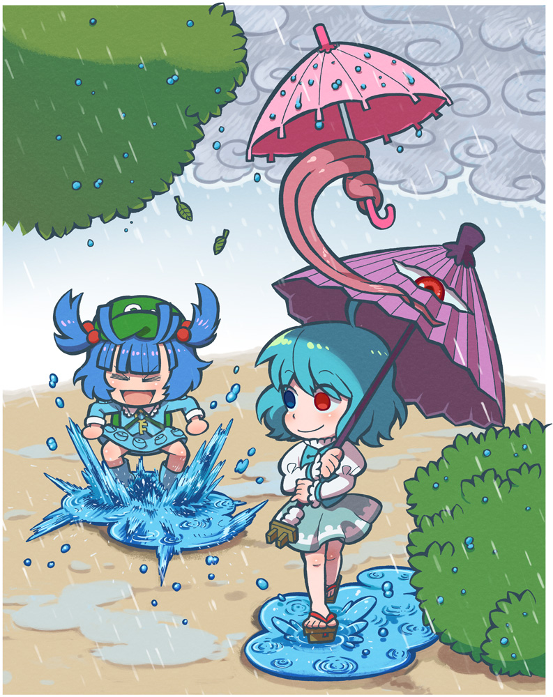 morlyp, kawashiro nitori, tatara kogasa, touhou, 2girls, backpack, bag, blue eyes, blue hair, female focus, geta, hair bobbles, hair ornament, hat, heterochromia, karakasa obake, key, multiple girls, nature, outdoors, plant, rain, randoseru, red eyes, sandals, short hair, skirt, sky, tongue, twintails, two side up, umbrella