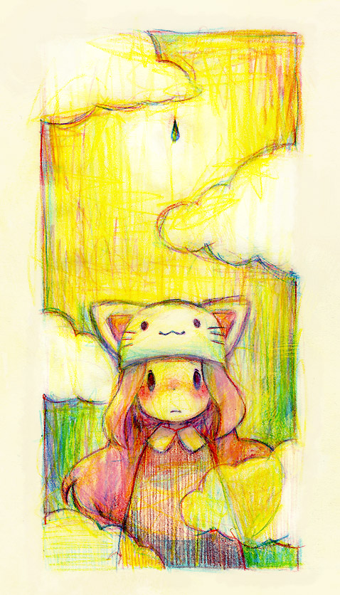 deko, megurine luka, megurine luka (toeto), toeto (vocaloid), vocaloid, bad id, bad pixiv id, colored pencil (medium), traditional media, animal hat, blush, cat hat, hat