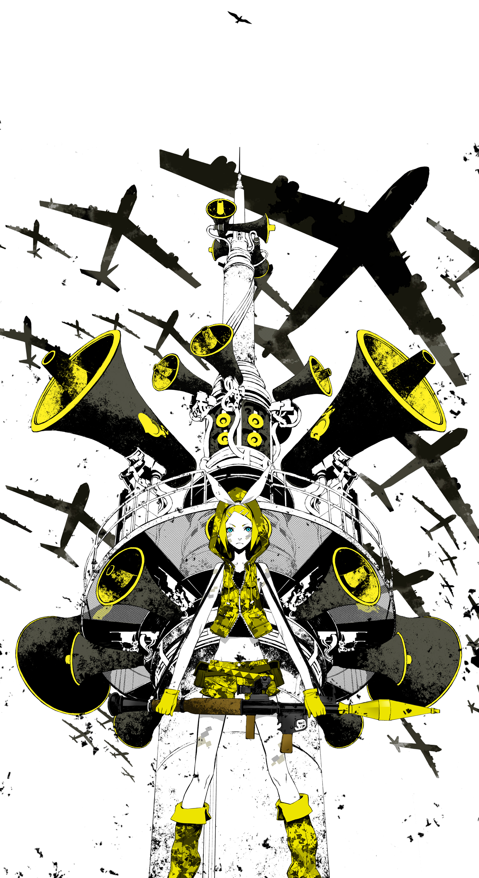 miwa shirow, kagamine rin, koi wa sensou (vocaloid), vocaloid, absurdres, highres, 1girl, aircraft, airplane, b-52 stratofortress, bird, blonde hair, blue eyes, bomber, camouflage, female focus, gun, hair ribbon, heavy bomber, military, military vehicle, penetrator (aircraft), ribbon, rocket launcher, solo, strategic bomber, weapon