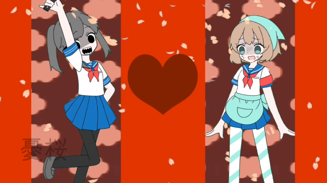 yuu sakura urara, amai odayaka, ayano aishi, mesmerizer (vocaloid), yandere simulator, commentary request, 2girls, apron, blush, brown hair, drill hair, green eyes, long hair, multiple girls, open mouth, pantyhose, parody, school uniform, serafuku, shirt, short hair, smile