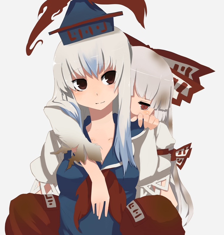 fuurin (omaemona), fujiwara no mokou, kamishirasawa keine, touhou, silver hair, bad id, bad pixiv id, 2girls, blue hair, bow, brown eyes, carrying, female focus, hair bow, hair ribbon, hat, long hair, multicolored hair, multiple girls, red eyes, ribbon, smile, two-tone hair