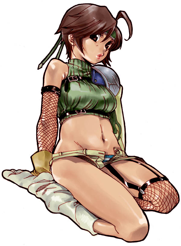 yuffie kisaragi, final fantasy, final fantasy vii, artist request, 1990s (style), 1girl, ahoge, breasts, brown eyes, brown hair, buckle, detached sleeves, female focus, fishnet socks, fishnets, full body, gloves, headband, lips, loose socks, midriff, navel, open fly, retro artstyle, short hair, shorts, simple background, single sock, single thighhigh, sleeveless, sleeveless turtleneck, socks, solo, thighhighs, turtleneck, unzipped, white background