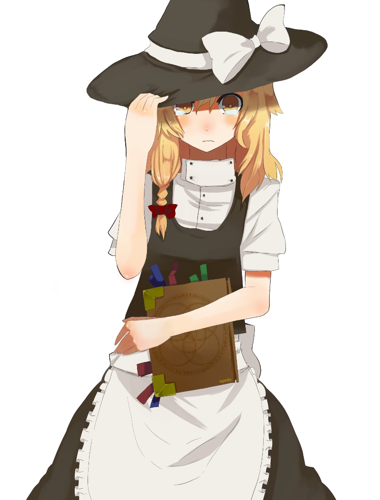 fuurin (omaemona), kirisame marisa, touhou, bad id, bad pixiv id, 1girl, blonde hair, blush, book, bow, braid, female focus, hair bow, hat, simple background, skirt, solo, tears, white background, witch, witch hat, yellow eyes