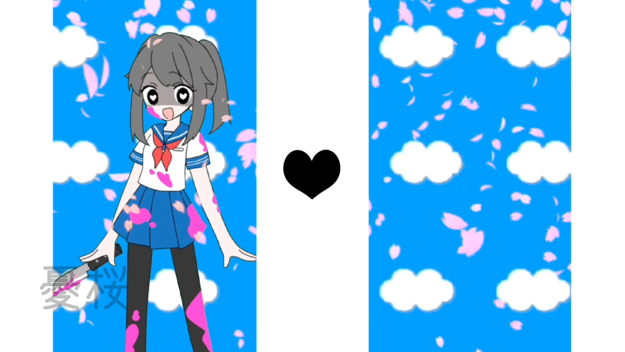 yuu sakura urara, ayano aishi, mesmerizer (vocaloid), yandere simulator, commentary request, 1girl, black eyes, black hair, blood, knife, long hair, looking at viewer, pantyhose, parody, ponytail, school uniform, serafuku, shirt, short sleeves, skirt, smile, solo, thighhighs