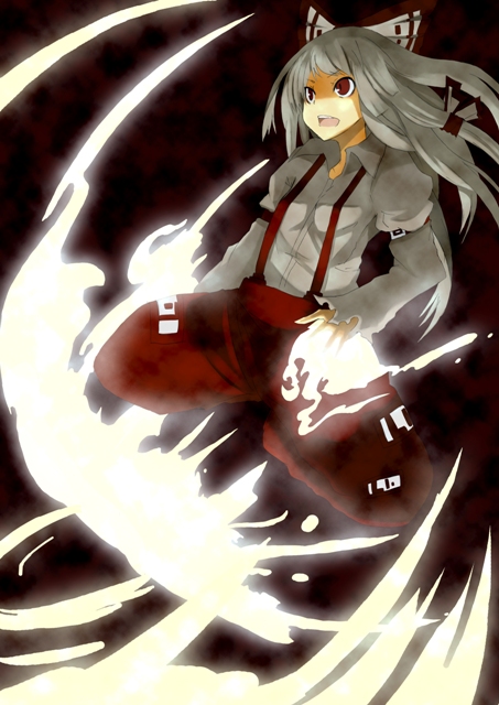 fuurin (omaemona), fujiwara no mokou, touhou, silver hair, bad id, bad pixiv id, 1girl, black background, bow, female focus, hair bow, hair ribbon, magic, red eyes, ribbon, solo, suspenders