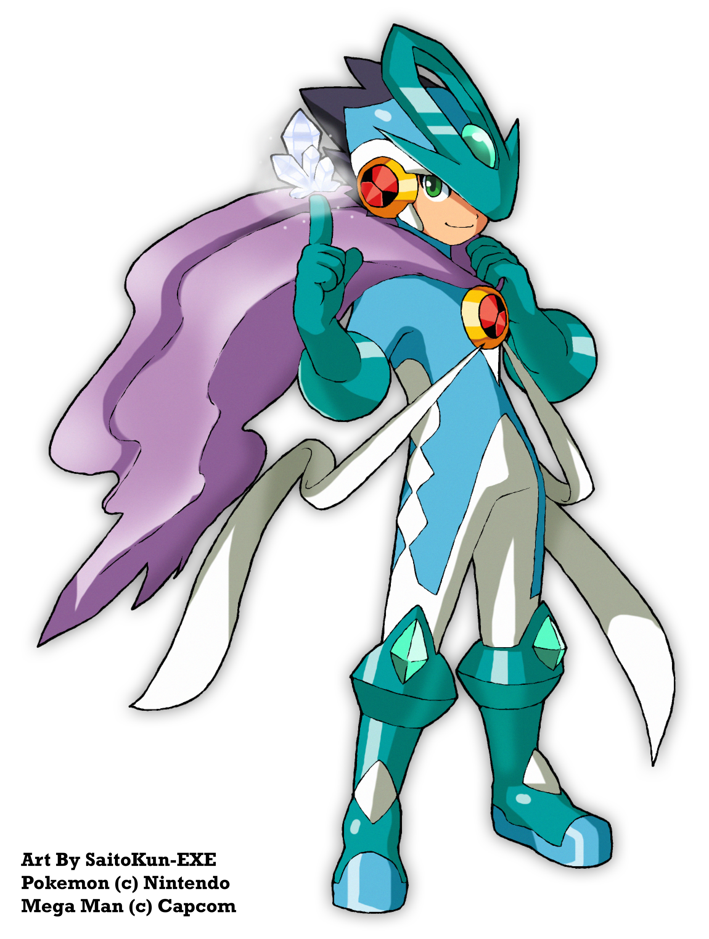 shoutaro saito, megaman.exe, suicune, mega man (series), mega man battle network (series), nintendo, pokemon, absurdres, commentary, highres, 1boy, alternate costume, artist name, black hair, blue gloves, boots, copyright name, cosplay, crossover, double soul (mega man), full body, gen 2 pokemon, gloves, helmet, legendary pokemon, male focus, netnavi, outstretched arms, smile, solo, spread arms, standing, suicune (cosplay)