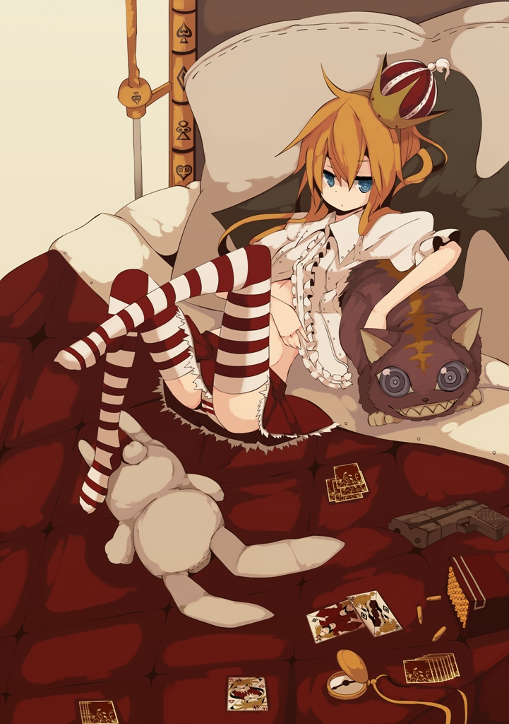 fuurin (omaemona), alice (alice in wonderland), cheshire cat (alice in wonderland), alice's adventures in wonderland, bad id, bad pixiv id, 1girl, bed, blonde hair, blue eyes, feet, female focus, gun, legs, long hair, lying, panties, solo, striped clothes, striped panties, striped thighhighs, thighhighs, underwear, watch, weapon, wristwatch