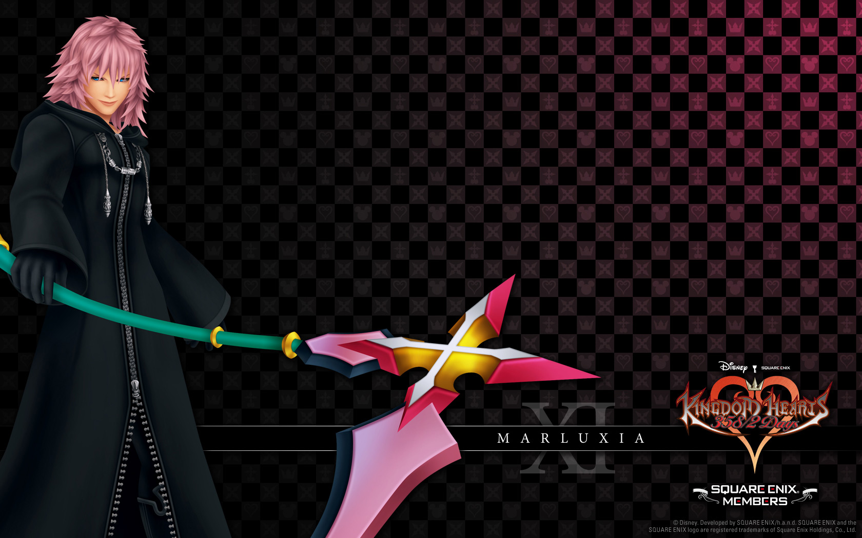 marluxia, organization xiii, kingdom hearts, kingdom hearts 358/2 days, highres, official art, official wallpaper, 1boy, 3d, black coat (kingdom hearts), blue eyes, male focus, pink hair, pink theme, scythe, smile, solo