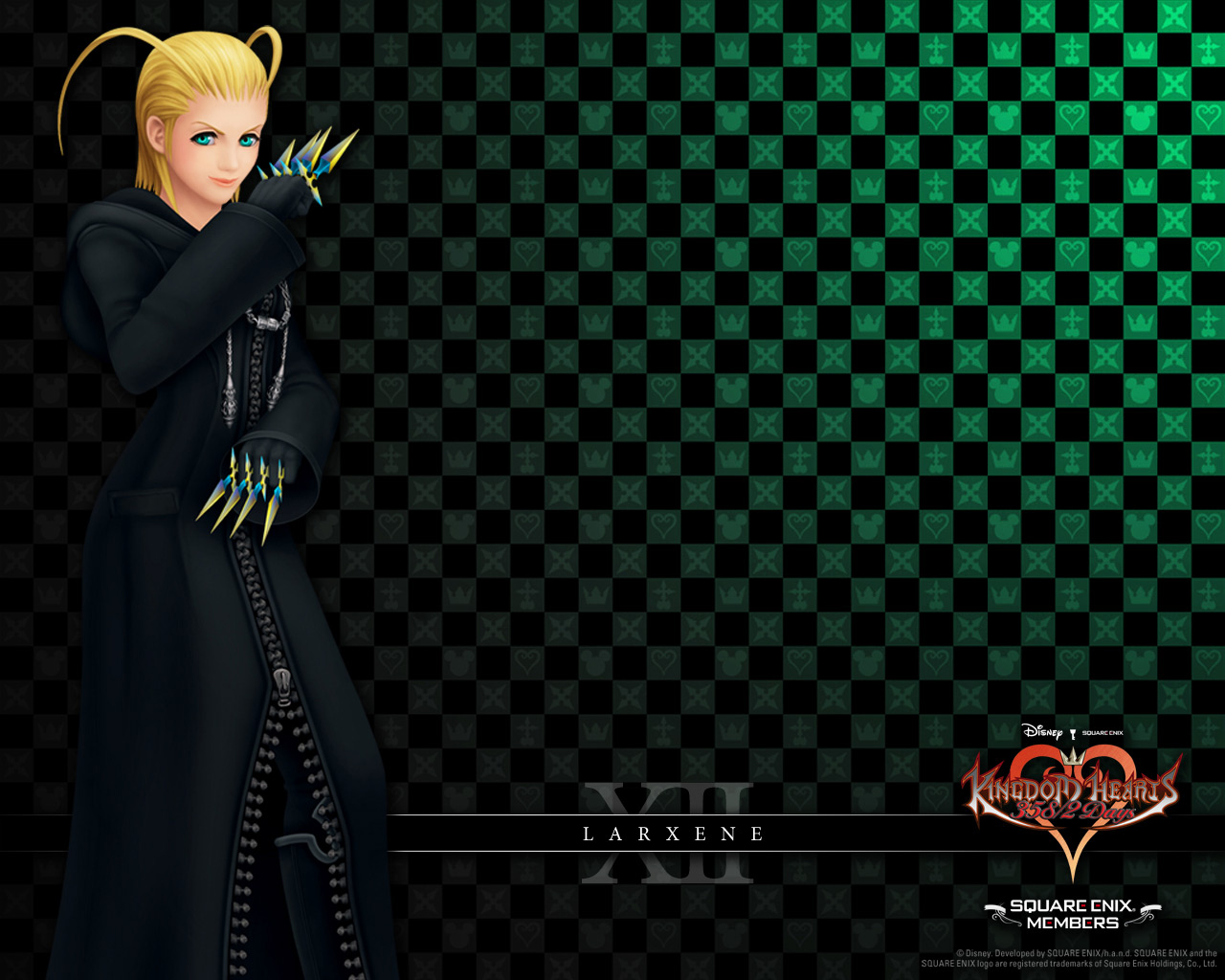 larxene, organization xiii, kingdom hearts, kingdom hearts 358/2 days, official art, official wallpaper, 1girl, 3d, antenna hair, black coat (kingdom hearts), blonde hair, female focus, green eyes, green theme, knife, short hair, smile, solo, throwing knife, weapon