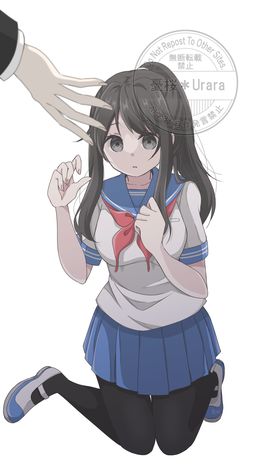 yuu sakura urara, ayano aishi, yandere simulator, highres, 1girl, black eyes, black hair, high ponytail, long hair, looking at viewer, open mouth, pantyhose, ponytail, school uniform, serafuku, shirt, shoes, short sleeves, skirt, solo, thighhighs