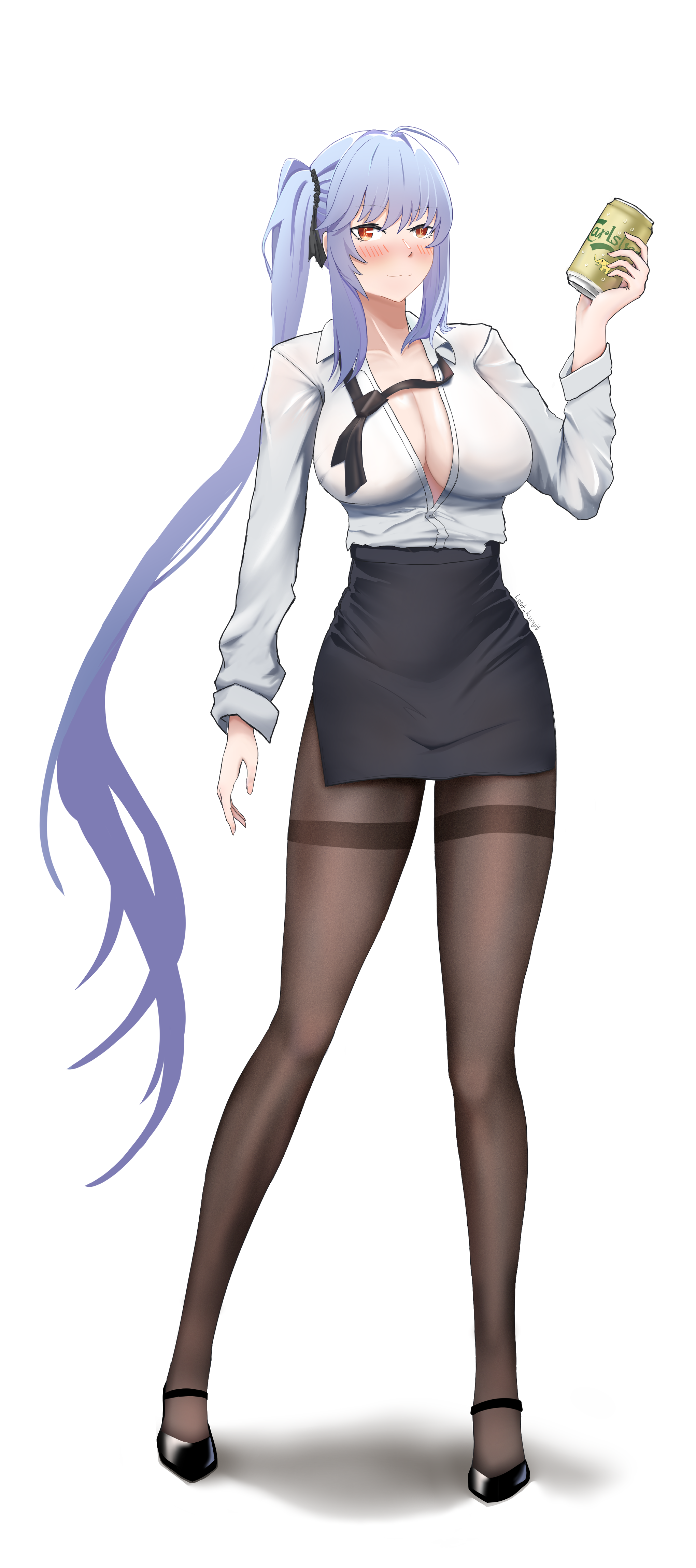 lastkunyit, essex (azur lane), essex (crossbones especial) (azur lane), azur lane, absurdres, highres, ahoge, black ribbon, blush, breasts, can, cleavage, dress, hair ribbon, high heels, holding, holding can, large breasts, necktie, official alternate costume, pantyhose, pencil skirt, purple hair, ribbon, shirt, sidelocks, skirt, smile, twintails, white shirt, yellow eyes