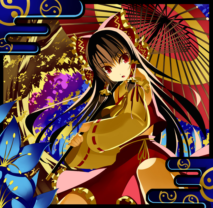 kureha (ironika), hakurei reimu, kureha, touhou, framed, 1girl, bow, brown hair, detached sleeves, female focus, flower, from below, hair bow, japanese clothes, long hair, miko, oil-paper umbrella, parasol, red eyes, solo, umbrella, yin yang