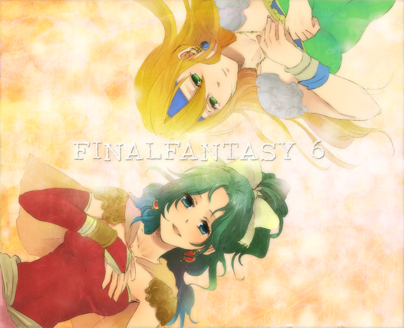 potechi norisio, celes chere, tina branford, final fantasy, final fantasy vi, bad id, bad pixiv id, 1990s (style), 2girls, blonde hair, blue eyes, bow, earrings, elbow gloves, gloves, green eyes, green hair, jewelry, long hair, multiple girls, necklace, ponytail, retro artstyle, smile