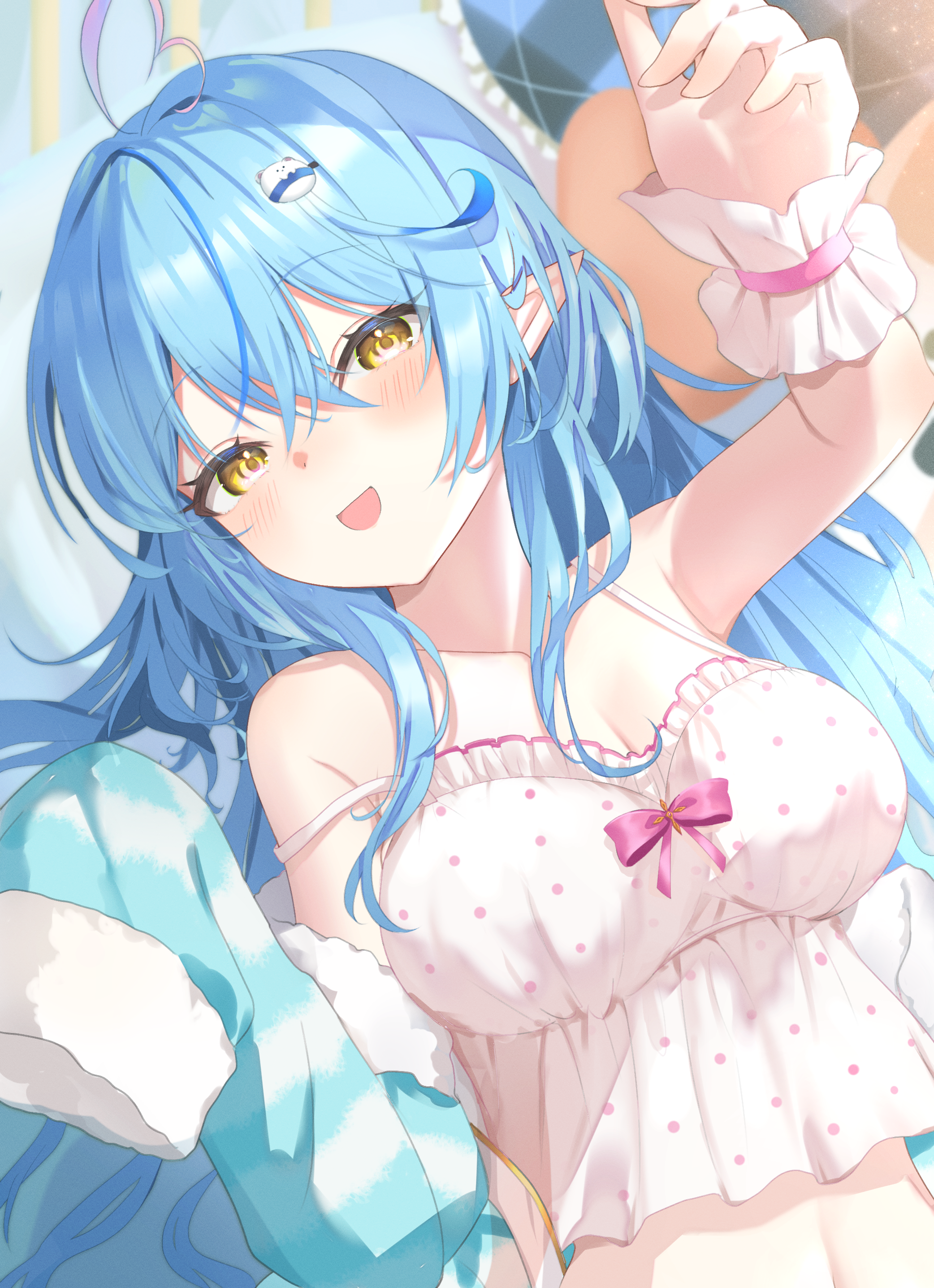 0kizakura, yukihana lamy, yukihana lamy (roomwear), hololive, absurdres, commentary request, highres, 1girl, ahoge, blue hair, blue jacket, blush, breasts, camisole, cleavage, collarbone, elf, frilled camisole, frills, fur-trimmed jacket, fur trim, hair between eyes, hair ornament, jacket, large breasts, long hair, long sleeves, looking at viewer, lying, navel, official alternate costume, on back, open clothes, open jacket, open mouth, pointy ears, polka dot, polka dot camisole, sitting, sleepwear, sleeves past fingers, sleeves past wrists, smile, solo, stomach, striped clothes, striped jacket, vertical-striped clothes, vertical-striped jacket, very long hair, virtual youtuber, white camisole, yellow eyes
