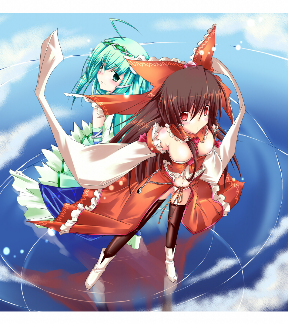 sesield, hakurei reimu, kochiya sanae, touhou, 2girls, :<, bow, brown hair, detached sleeves, female focus, frog, green eyes, green hair, hair ornament, japanese clothes, long hair, miko, multiple girls, red eyes, snake, thighhighs