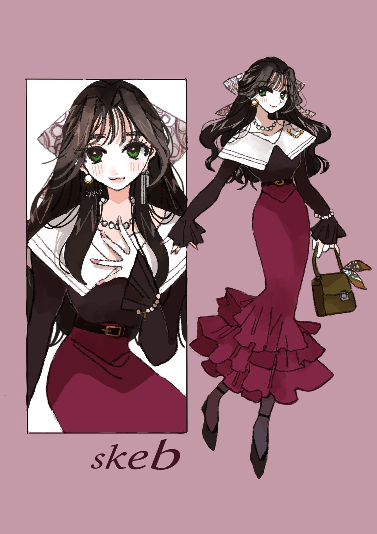 yasu urayaka, original, commission, highres, skeb commission, 1girl, bag, bead necklace, beads, black hair, closed mouth, eyelashes, frilled skirt, frills, green eyes, holding, holding bag, jewelry, long hair, long skirt, looking at viewer, multiple views, nail polish, necklace, pantyhose, pink lips, pink nails, purple skirt, red background, simple background, skirt, smile, standing, wavy hair