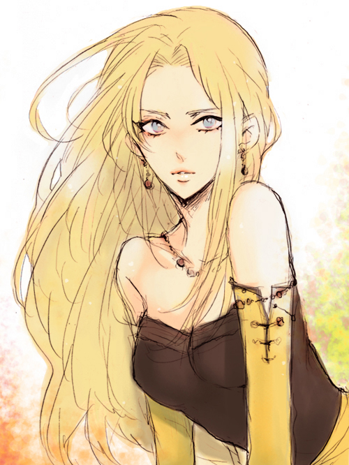 ritta kyo, celes chere, final fantasy, final fantasy vi, 1990s (style), 1girl, blonde hair, blue eyes, earrings, elbow gloves, female focus, gloves, jewelry, long hair, necklace, retro artstyle, solo