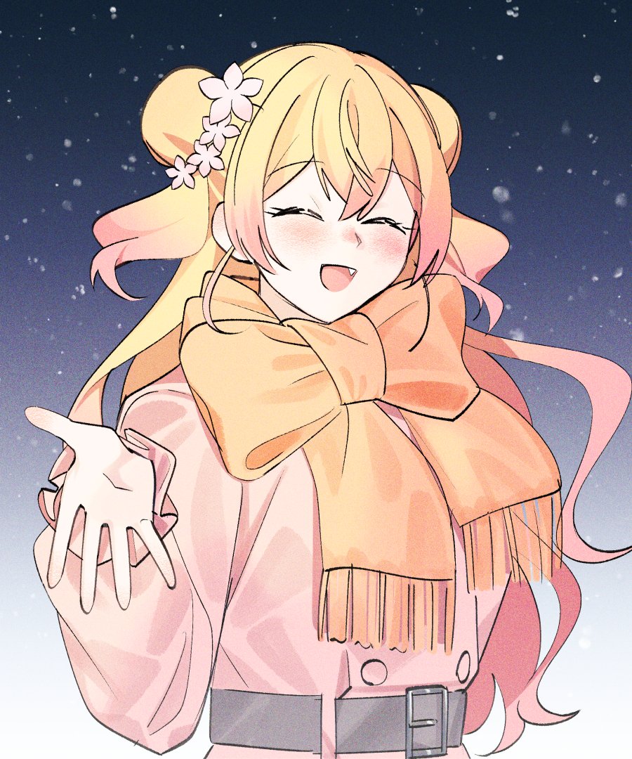 momosuzu nene, hololive, 1girl, belt, black belt, blonde hair, blush, bow, closed eyes, coat, crossed bangs, double bun, facing viewer, fang, flower, gradient hair, hair bun, hair flower, hair ornament, long hair, multicolored hair, night, official alternate costume, open hand, open mouth, orange scarf, outdoors, pink coat, pink hair, scarf, scarf bow, sidelocks, smile, snowing, solo, two side up, upper body, uuoftn, virtual youtuber, yellow scarf
