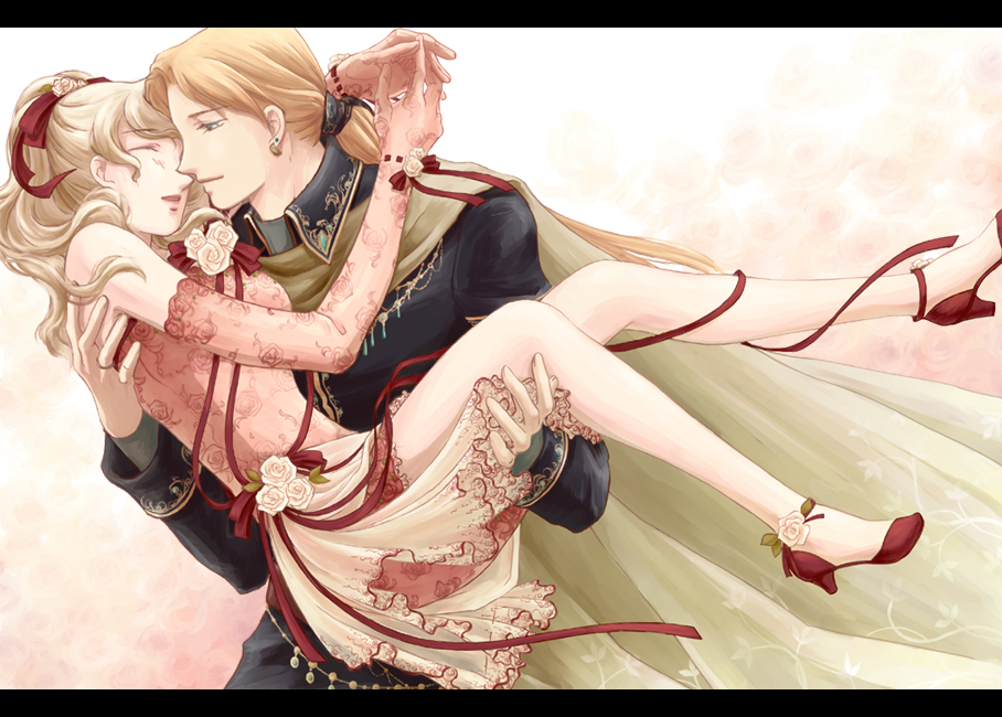 ren mizuha, edgar roni figaro, tina branford, final fantasy, final fantasy vi, bad id, bad pixiv id, 1990s (style), 1boy, 1girl, blonde hair, bow, carrying, closed eyes, couple, elbow gloves, flower, gloves, hetero, legs, long hair, no legwear, ponytail, princess carry, skirt, smile