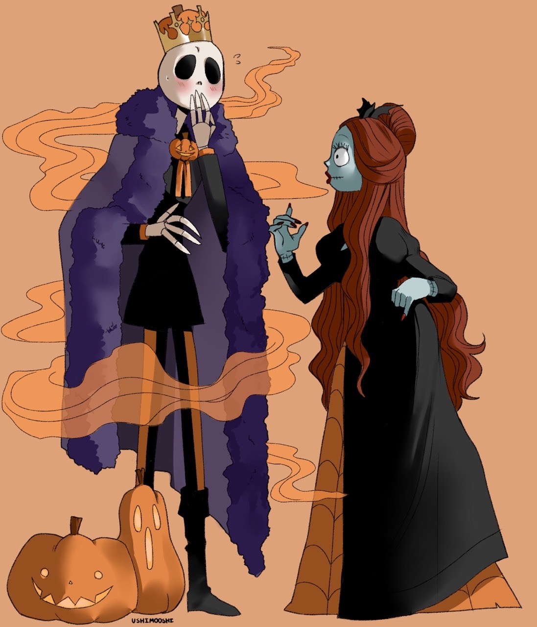 ushimooshi, jack skellington, sally (nbc), the nightmare before christmas, commentary request, highres, 1boy, 1girl, alternate costume, colored skin, crown, dress, long hair, long sleeves, looking at viewer, male focus, patchwork skin, red hair, skeleton, smile, stitched face, stitches