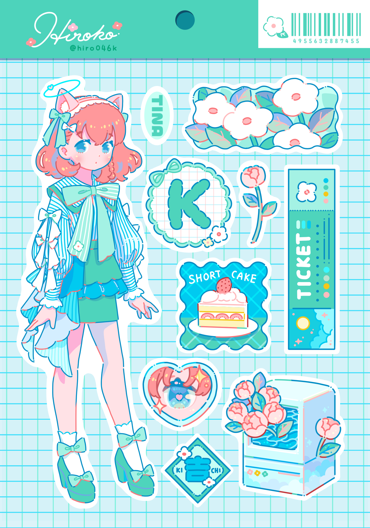 hiro046k, original, commentary request, highres, 1girl, animal ear fluff, animal ears, arms at sides, artist name, barcode, blue eyes, blue shirt, bow, bowtie, cake, cat ears, fake animal ears, flower, food, fruit, green background, green bow, green bowtie, green shoes, green skirt, grid background, hair bow, halo, k (letter), layered skirt, outline, pink flower, puffy sleeves, red hair, shirt, shoes, short hair, skirt, socks, solo, sticker sheet (medium), strawberry, strawberry shortcake, striped clothes, striped shirt, ticket, twitter username, vertical-striped clothes, vertical-striped shirt, white bow, white shirt, white socks