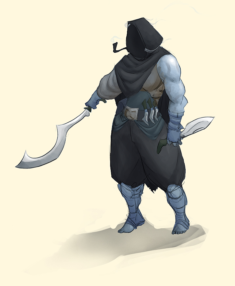 blue skin, cape, colored skin, knife, kopesh, kukri, smoking pipe, sword, weapon