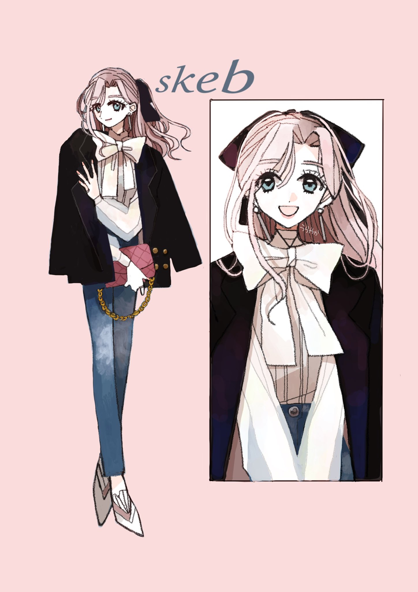 yasu urayaka, original, commission, highres, skeb commission, 1girl, :d, bag, black jacket, blue eyes, blue pants, bow, closed mouth, denim, dot nose, full body, handbag, holding, holding bag, jacket, jeans, long hair, looking at viewer, multiple views, open clothes, open jacket, open mouth, pants, pink hair, pink lips, smile, standing, wavy hair, white bow