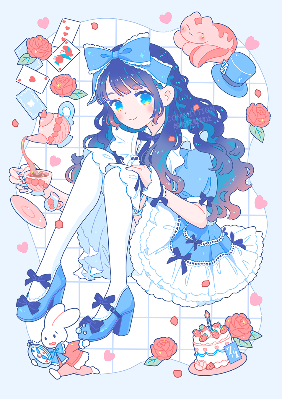 hiro046k, alice (alice in wonderland), cheshire cat (alice in wonderland), white rabbit (alice in wonderland), alice's adventures in wonderland, original, commentary request, commission, highres, 1girl, ace (playing card), ace of hearts, blue border, blue bow, blue dress, blue eyes, blue hair, blue hat, blue shoes, border, bow, cake, card, cup, dress, flower, food, fruit, gradient hair, grid background, hair bow, hat, heart, high heels, holding, holding cup, holding pocket watch, knees up, looking at viewer, multicolored hair, petals, pink hair, playing card, pocket watch, puffy short sleeves, puffy sleeves, queen (playing card), queen of hearts (playing card), red flower, red rose, rose, running, saucer, shoes, short sleeves, sidelocks, skirt, smile, strawberry, teacup, teapot, thighhighs, three of hearts, top hat, unworn hat, unworn headwear, watch, watermark, white background, white skirt, white thighhighs, white wrist cuffs, wrist cuffs