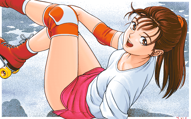teiku (take), archived source, character request, commentary request, copyright request, 1990s (style), 1girl, artist name, border, breasts, brown eyes, brown hair, crew neck, cross-laced shoes, dappled sunlight, day, dithering, elbow pads, floating hair, from above, from side, hair ornament, hair scrunchie, hand on own knee, happy, high ponytail, knee pads, knees up, long hair, looking at viewer, looking up, medium breasts, on floor, open mouth, orange scrunchie, orange shoes, outdoors, outside border, pc-98 (style), pink shorts, pixel art, ponytail, retro artstyle, roller skates, scrunchie, shadow, shirt, shoes, short shorts, short sleeves, shorts, side slit, side slit shorts, signature, skates, smile, solo, sunlight, turning head, white border, white shirt
