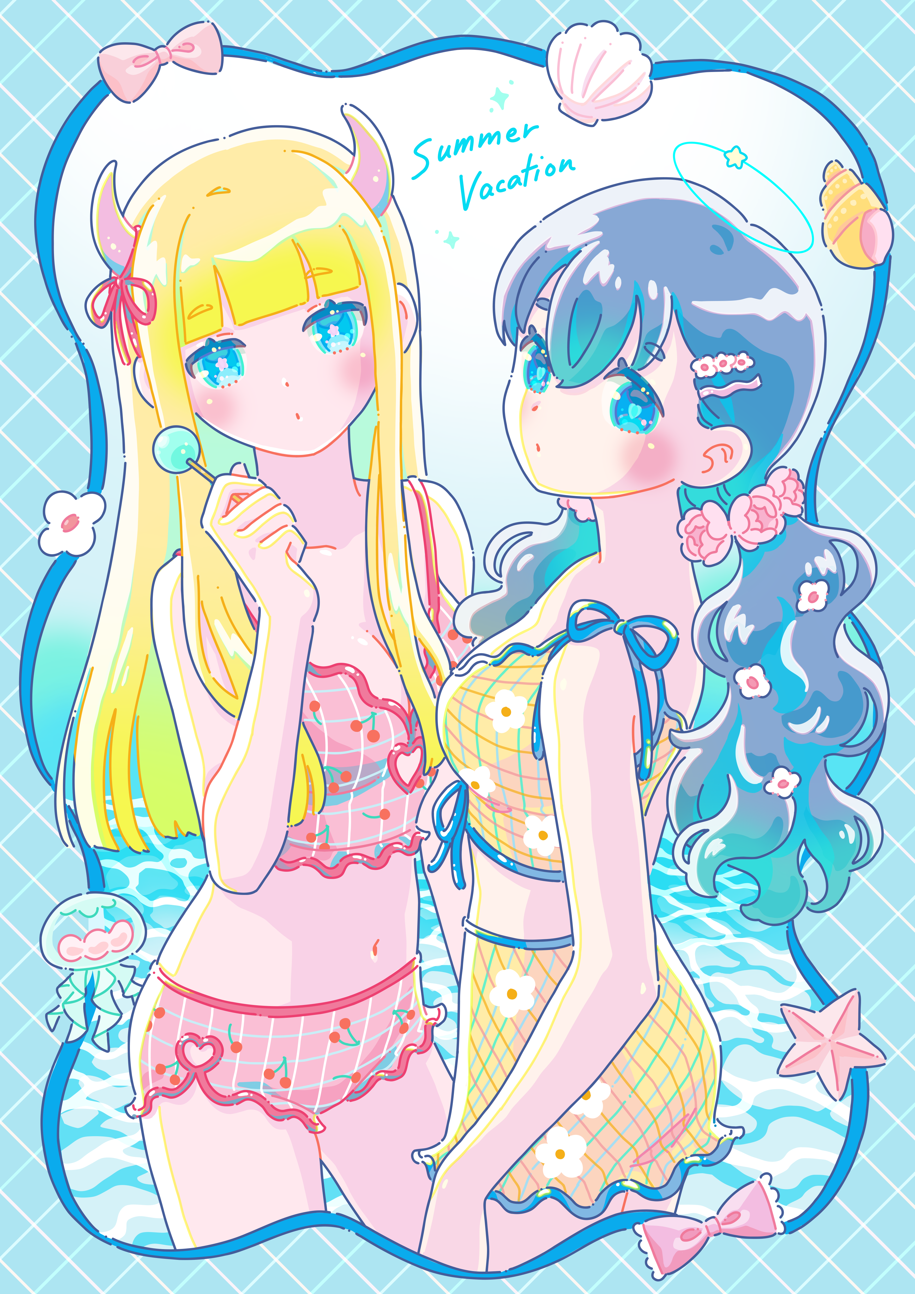 hiro046k, original, absurdres, commentary request, highres, 2boys, bikini, blonde hair, blue background, blue border, blue eyes, blue hair, blush, border, bow, candy, cherry print, conch, demon horns, feet out of frame, floral print, flower, food, food print, fruit print, grid background, hair flower, hair ornament, holding, holding candy, holding food, holding lollipop, horns, jellyfish, lollipop, long hair, looking at viewer, multiple boys, ocean, pink bikini, pink bow, shell, starfish, swimsuit, tankini, wavy hair, white background, white flower, yellow bikini