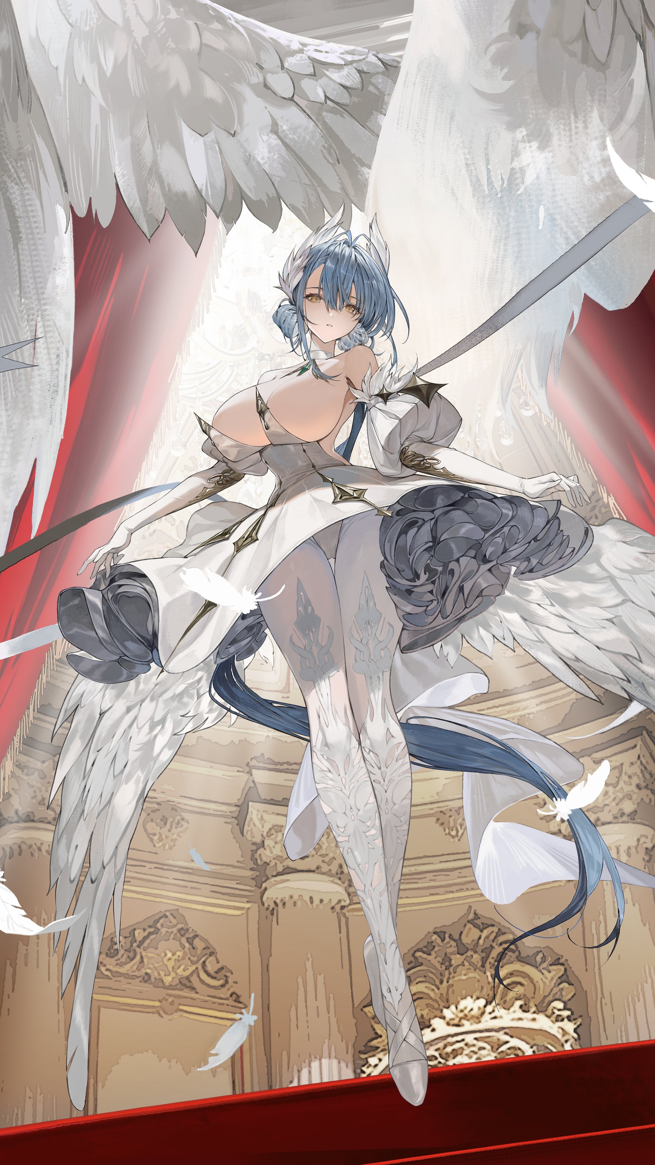 echocalypse, absurdres, artist request, commentary request, highres, official art, 1girl, blue hair, breasts, dress, elbow gloves, falling feathers, feathers, gloves, head wings, kala (echocalypse), large breasts, pantyhose, shoes, solo, strapless, strapless dress, thigh gap, white dress, white feathers, white gloves, white pantyhose, white shoes, wings, yellow eyes