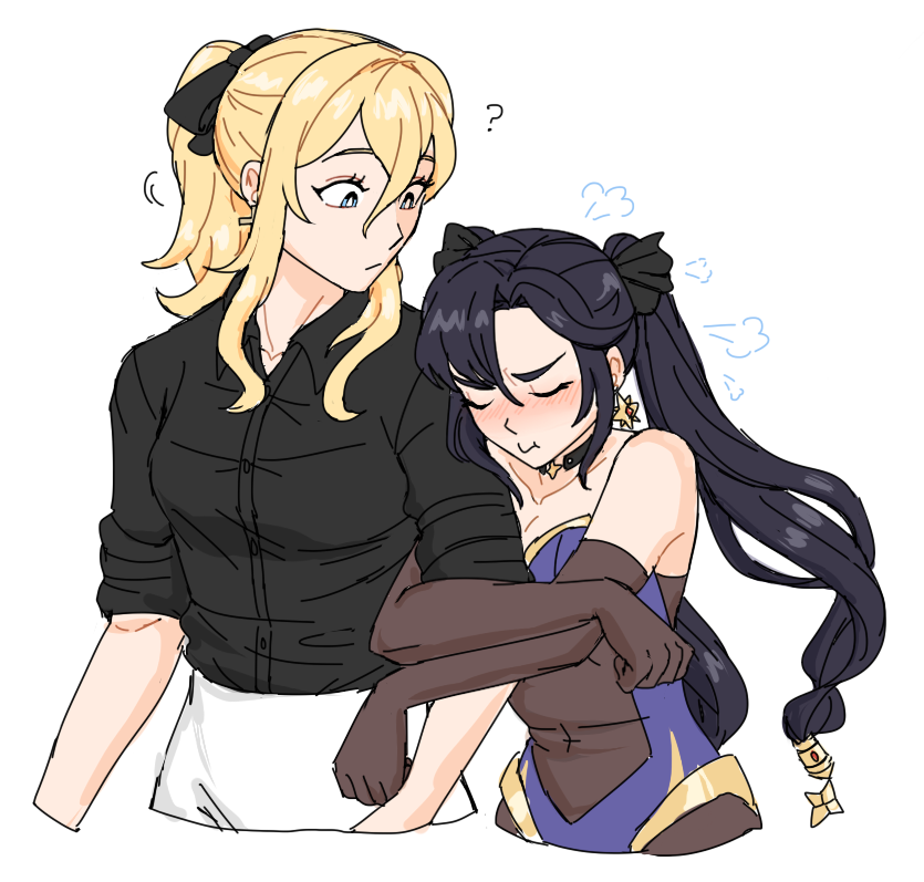 dashingicecream, jean (genshin impact), mona (genshin impact), genshin impact, commentary, 2girls, ?, black gloves, black hair, black shirt, blonde hair, blue eyes, blush, bright pupils, closed eyes, elbow gloves, gloves, long hair, looking at another, multiple girls, no headwear, pantyhose, shirt, simple background, sleeves rolled up, strapless, upper body, very long hair, white background, white pupils, yuri