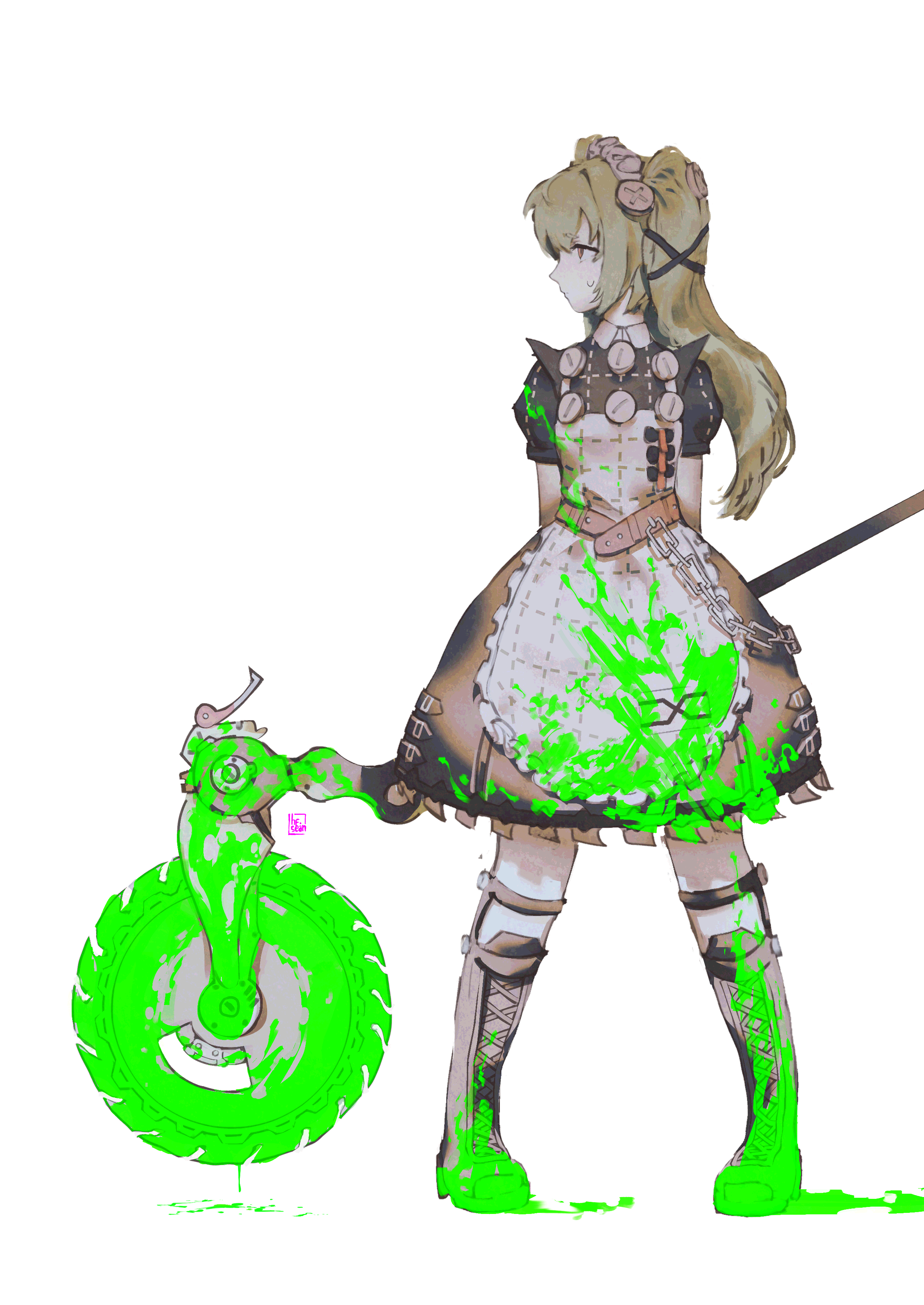 hfsean2, corin wickes, zenless zone zero, absurdres, commentary, english commentary, highres, 1girl, apron, belt, black boots, blood, blood on clothes, blood on shoes, bloody weapon, boots, chain, circular saw, full body, green blood, green hair, holding, holding weapon, knee boots, long hair, looking to the side, maid, maid apron, maid headdress, puffy short sleeves, puffy sleeves, saw, short sleeves, simple background, solo, sweatdrop, twintails, weapon, white background