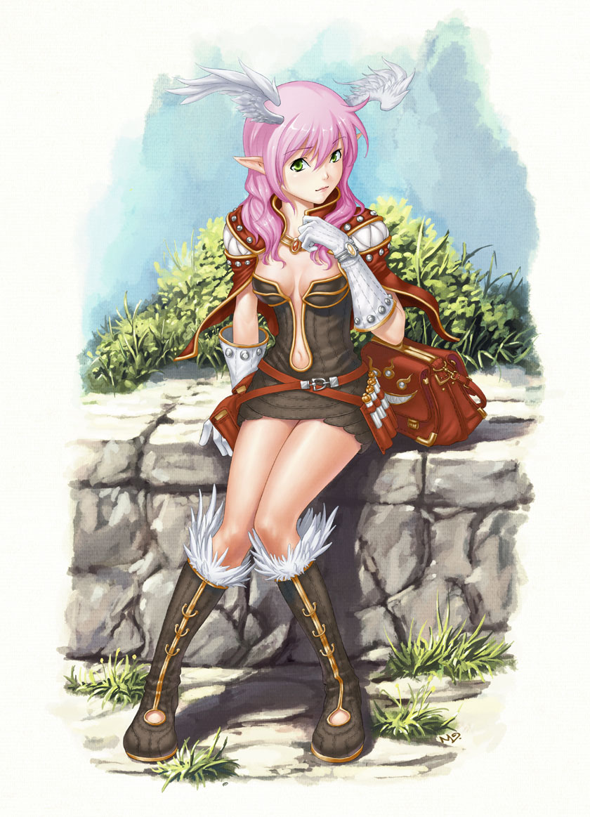 ml.e, creator (ragnarok online), ragnarok online, bad id, bad pixiv id, 1girl, bag, boots, elf, female focus, full body, gloves, green eyes, head wings, legs, lips, nature, navel, outdoors, pink hair, pointy ears, sitting, solo, wings