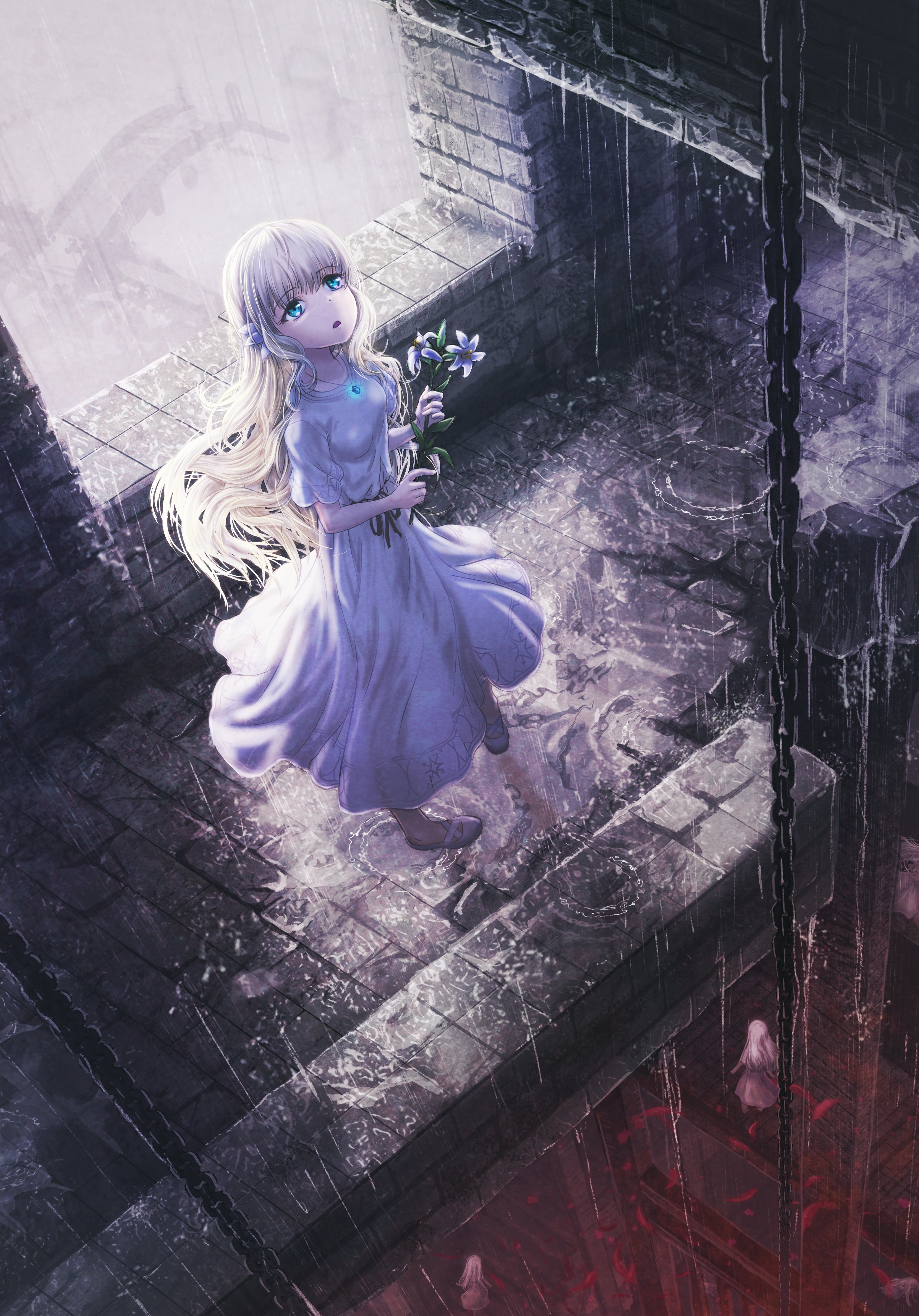 dys, lily (ender lilies), ender lilies quietus of the knights, absurdres, commentary request, highres, 5girls, black ribbon, blue eyes, castle, clone, dress, flower, from above, full body, hair ornament, holding, holding flower, jewelry, lily (flower), long hair, looking up, multiple girls, necklace, open mouth, outdoors, pendant, petals, rain, red petals, ribbon, short sleeves, solo focus, standing, white dress, white hair, white petals