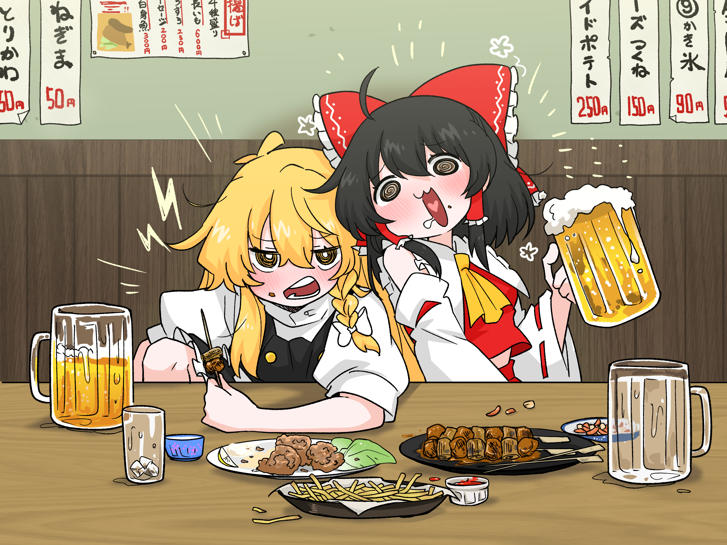 kumanou22, hakurei reimu, kirisame marisa, touhou, commentary request, highres, translation request, 2girls, :3, @ @, alcohol, ascot, beer, beer mug, black eyes, black hair, black skirt, black vest, blonde hair, blush, bow, braid, chicken (food), cup, detached sleeves, drunk, food, food on face, french fries, fried chicken, frilled bow, frilled hair tubes, frills, hair bow, hair tubes, heart, heart in mouth, holding, holding cup, holding skewer, ketchup, long hair, looking at viewer, mug, multiple girls, no headwear, open mouth, puffy short sleeves, puffy sleeves, red bow, red skirt, ribbon-trimmed sleeves, ribbon trim, short sleeves, side braid, single braid, skewer, skirt, skirt set, vest, white bow, yellow ascot