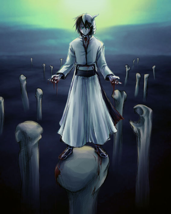 ulquiorra cifer, bleach, 00s, 1boy, arrancar, black hair, blood, blood on hands, bone, colored skin, expressionless, facial mark, fog, green eyes, hole, horns, male focus, number tattoo, skull, solo, standing, tattoo, white skin
