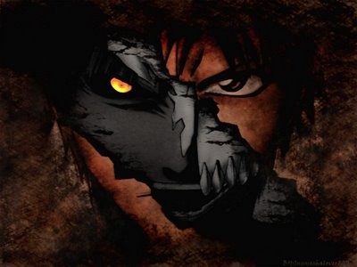 hollow ichigo, kurosaki ichigo, shirosaki hichigo, bleach, lowres, 00s, 1boy, black sclera, colored sclera, dark, food, fruit, glowing, glowing eyes, hollow (bleach), male focus, portrait, shinigami, solo, strawberry