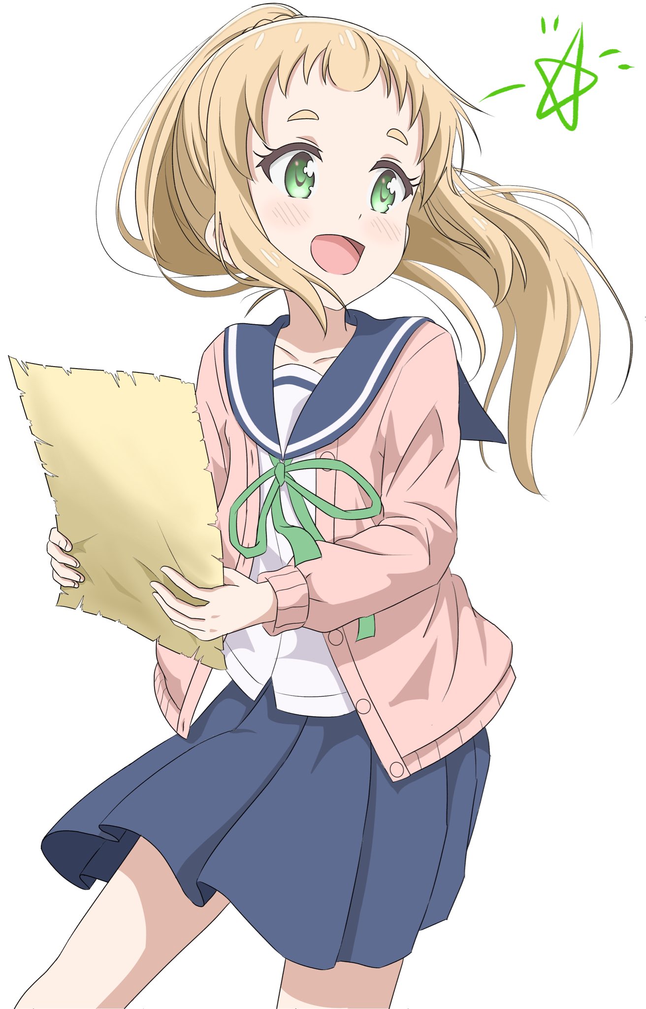 qb (qb46311027), inose mai, koisuru asteroid, 1girl, blonde hair, blue sailor collar, blue skirt, blush, collarbone, dot nose, feet out of frame, female focus, green eyes, green ribbon, holding, legs, long hair, long sleeves, map, open clothes, open mouth, open sweater, pink sweater, ponytail, ribbon, sailor collar, school uniform, serafuku, shirt, simple background, skirt, solo, sweater, white background, white shirt