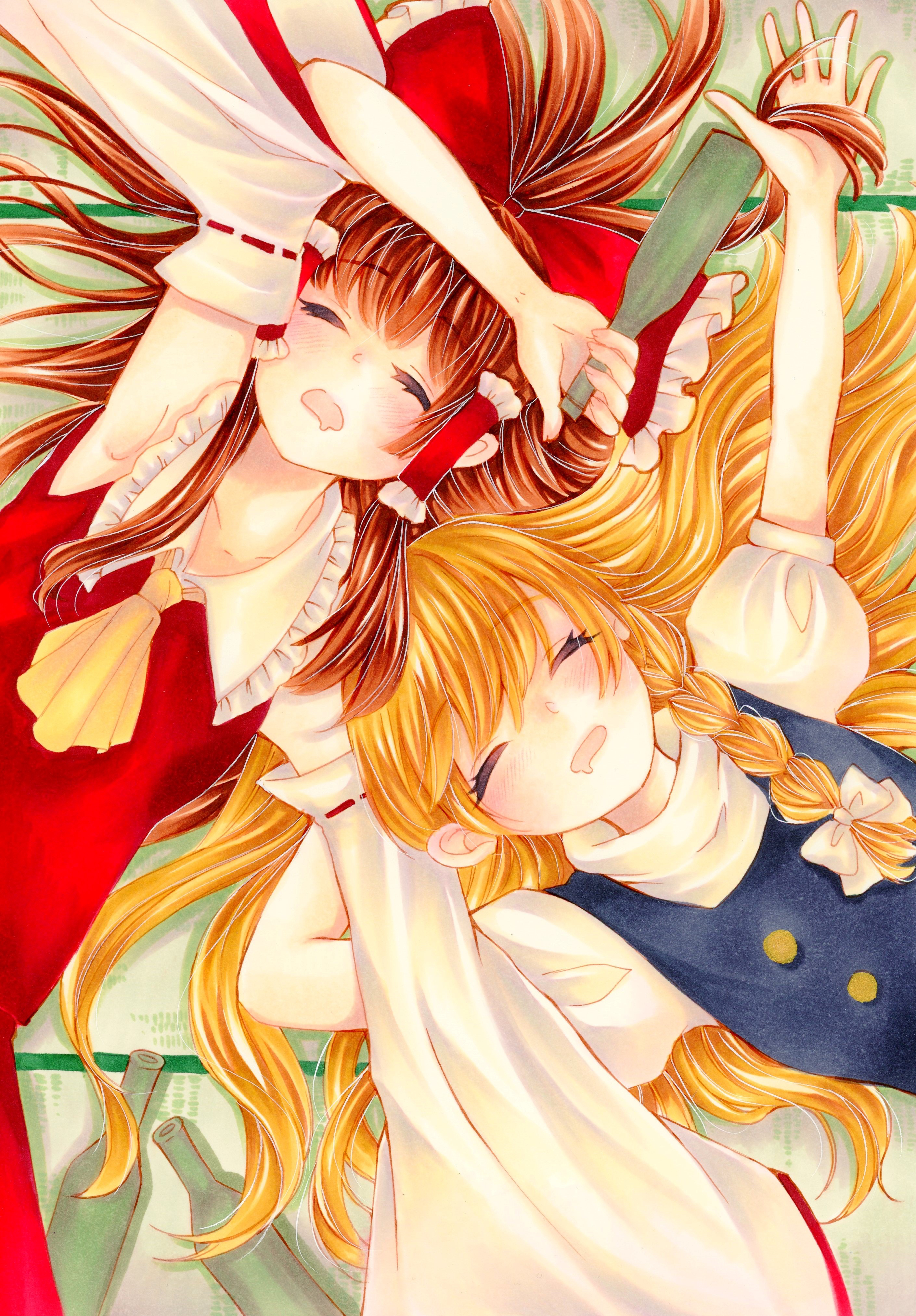 yuuki hana (jtnp5334), hakurei reimu, kirisame marisa, touhou, absurdres, commentary request, highres, marker (medium), traditional media, 2girls, ascot, black vest, blonde hair, blush, bottle, bow, braid, brown hair, closed eyes, detached sleeves, frilled bow, frilled hair tubes, frills, hair bow, hair tubes, holding, holding bottle, long hair, lying, multiple girls, on back, open mouth, puffy short sleeves, puffy sleeves, red bow, ribbon-trimmed sleeves, ribbon trim, short sleeves, side braid, single braid, skirt, skirt set, sleeping, vest, white bow, yellow ascot